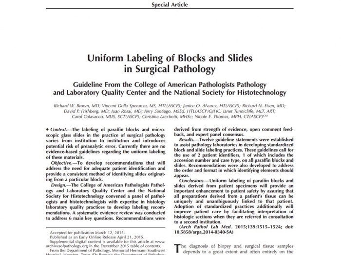 Uniform Labeling of Blocks and Slides in Surgical Pathology Guideline